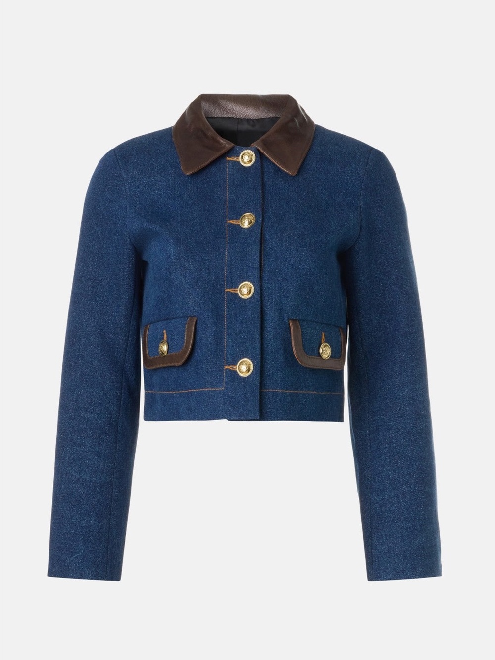 Sandro Navy Cropped Jacket with Brown Leather Trim
